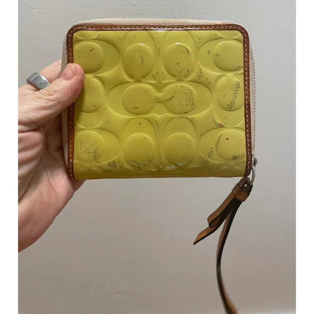 Coach Yellow Bifold Wallet Signature C Embossed Patent Leather Small Zip Around